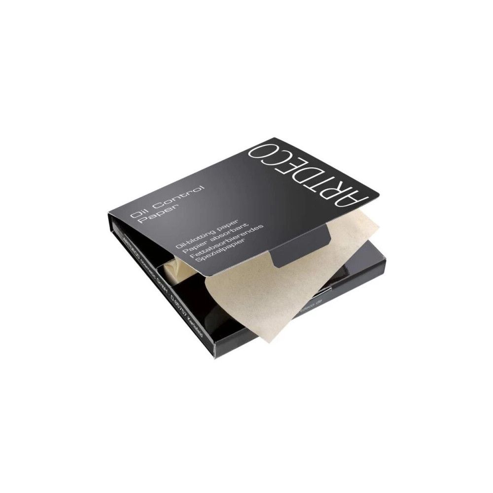 Zwarte verpakking met "ARTDECO Oil Control Paper". Open doos met vierkante vellen olie-absorberend papier.