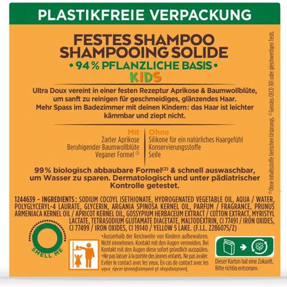 Dos d'un emballage de shampooing solide Garnier Ultra Doux Kids avec ingrédients et logos.