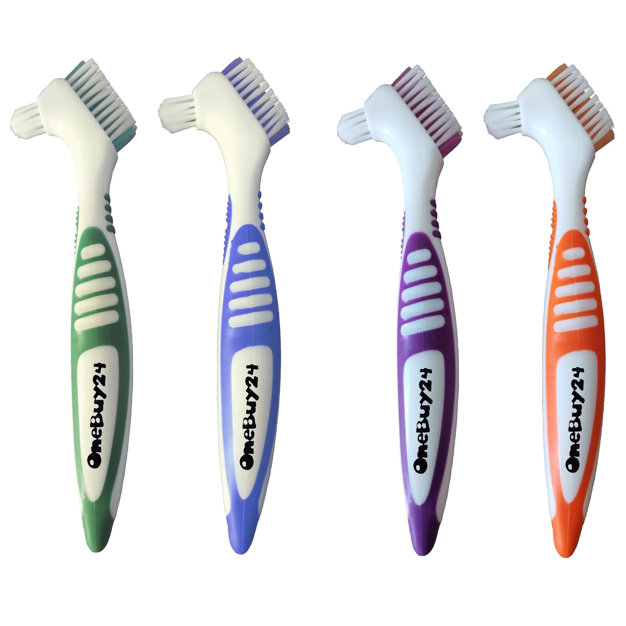 Quatre brosses à dents pour prothèses avec manches blancs et accents colorés : vert, bleu, violet et orange. Inscription : OneBuy24.