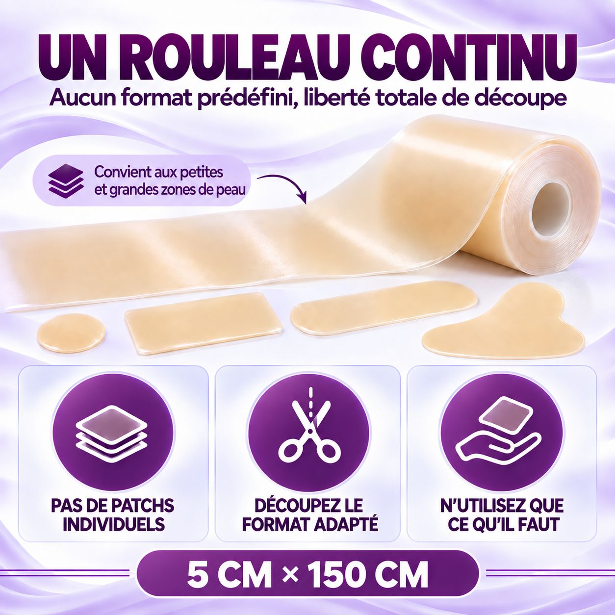 Application simple en 4 étapes : nettoyer, découper, retirer film, appliquer.