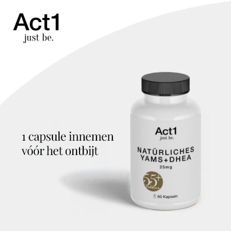 Witte fles met zwarte dop. Opschrift: Act1 just be. Natürliches Yams+DHEA 25mg. 60 capsules.