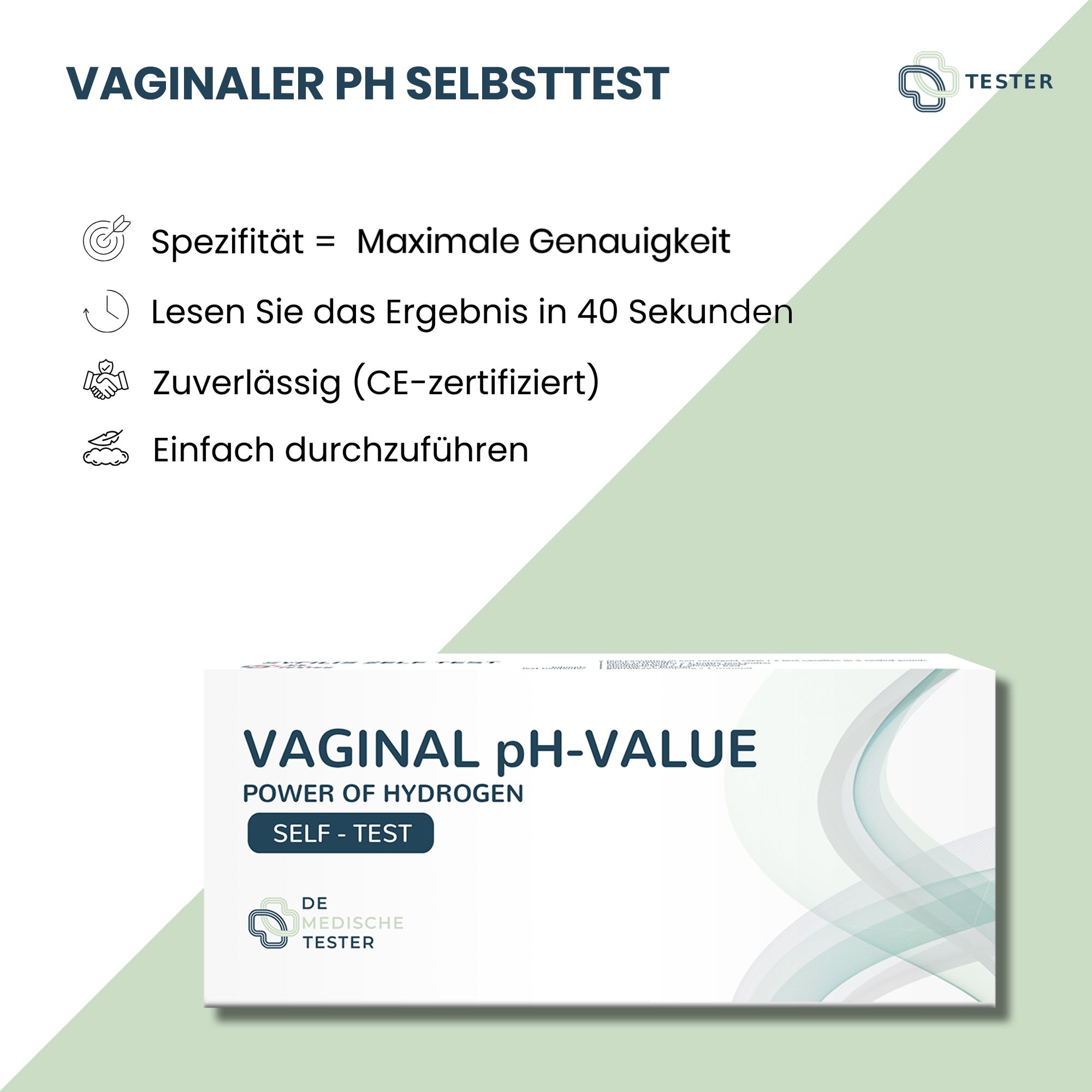 Emballage produit avec texte "Vaginaler pH Selbsttest". Texte: Spécificité, résultat en 40 secondes, certifié CE, facile.