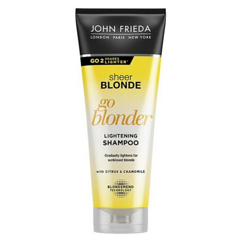 John Frieda Sheer Blonde Go Blonder shampoo. Gele tube met zwarte dop. Productnaam en logo duidelijk zichtbaar.