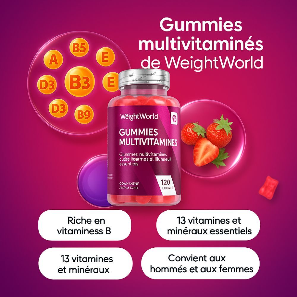 Gommes multivitaminées de WeightWorld. 120 pièces. Contient 13 vitamines et minéraux. Convient aux hommes et aux femmes.