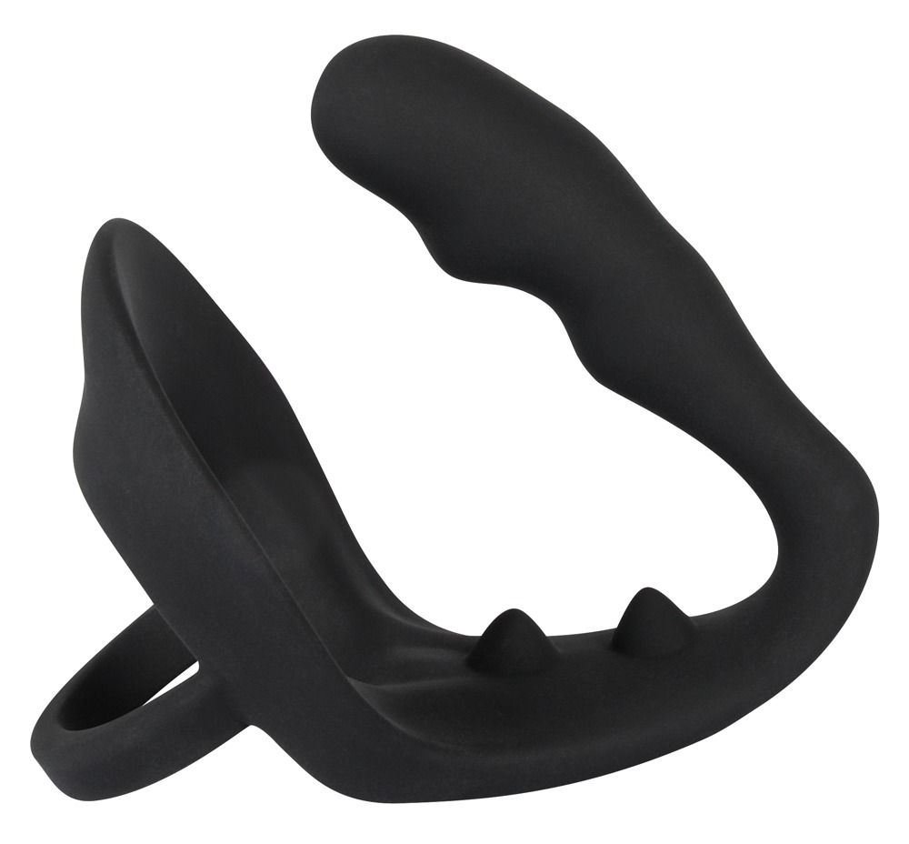 Anneau pénien noir avec plug intégré et deux picots.