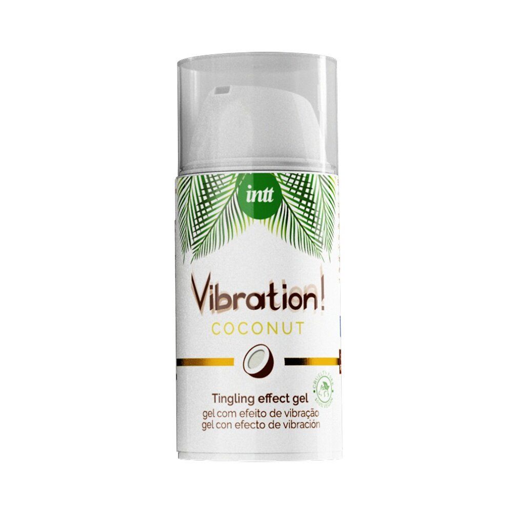 Witte dispenser met groen logo en tekst. Opschrift: Vibration! Coconut. Productnaam: Tingling effect gel. Kokosnoot-symbool. Cruelty free.