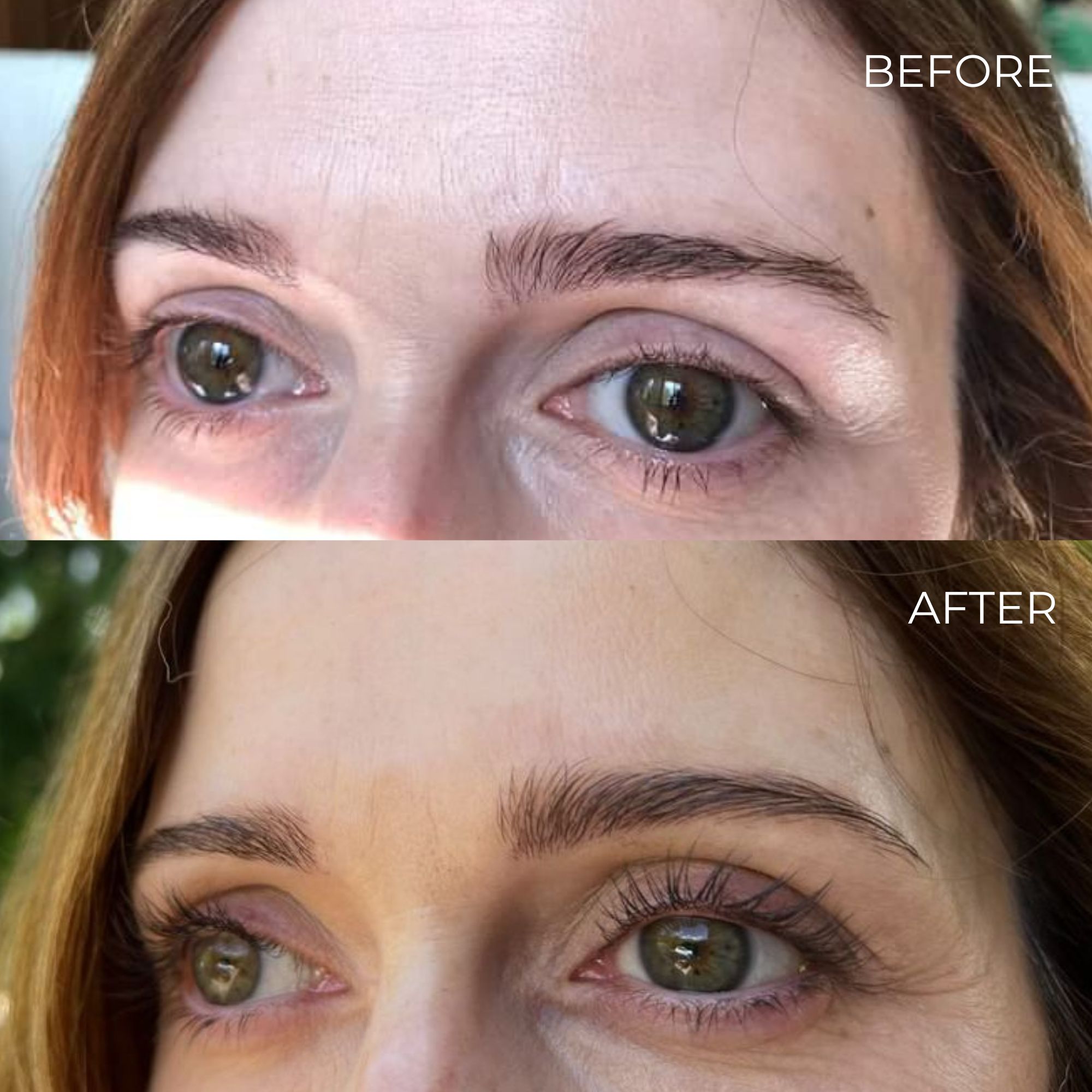 Comparaison avant-après. Yeux avec cils plus longs. Haut : cils courts. Bas : cils plus longs et plus fournis.