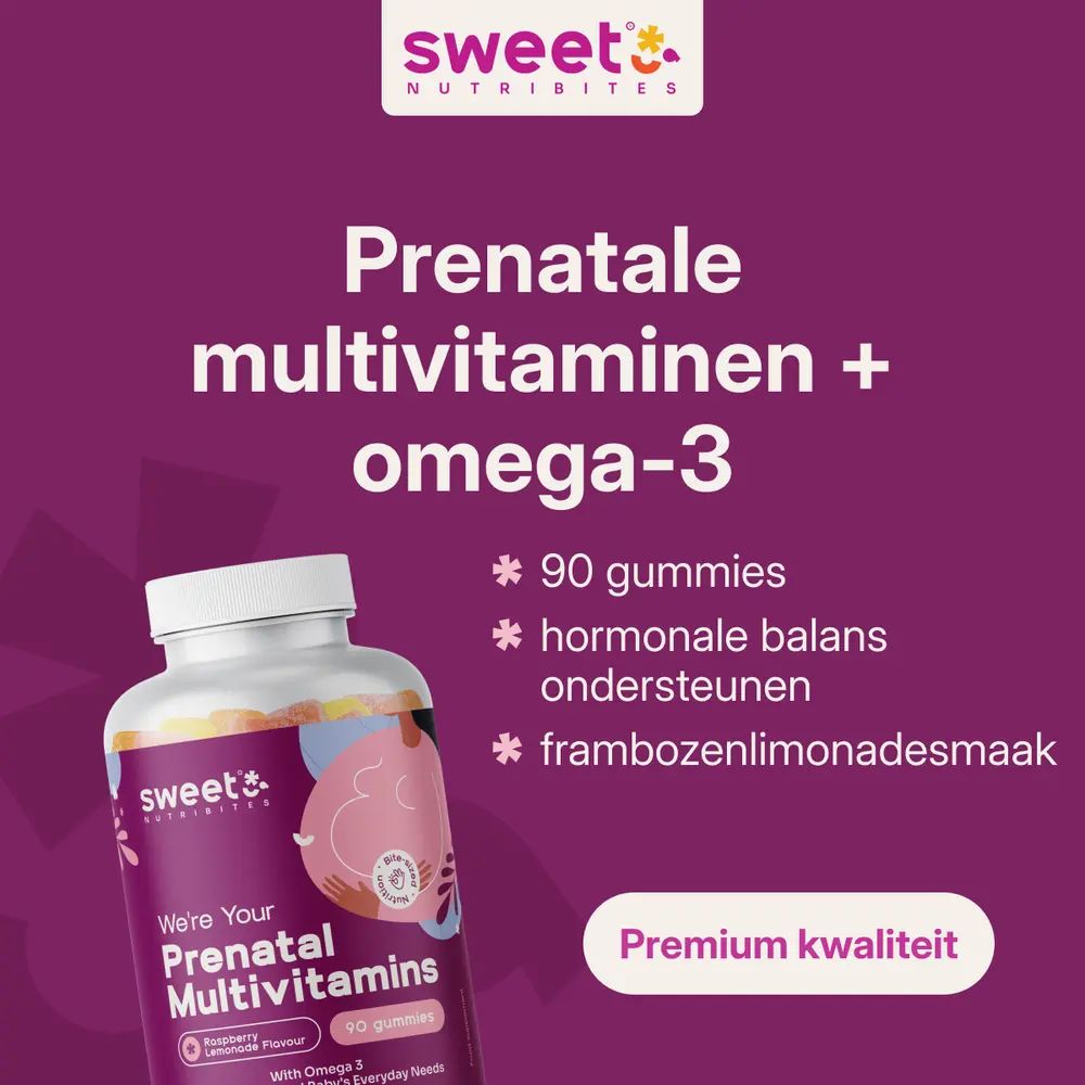 Advertentie voor prenatale multivitaminen. Fles met 90 gummies. Frambozen limonadesmaak.