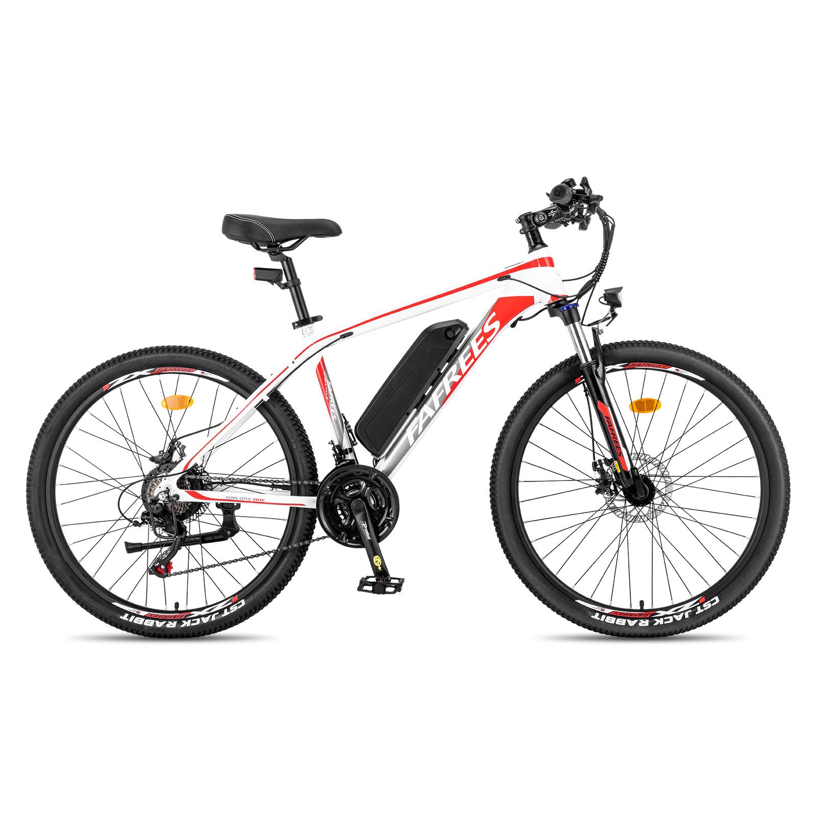 VTT électrique blanc avec détails rouges. Pneus, selle et batterie noirs. Marque Fafrees.