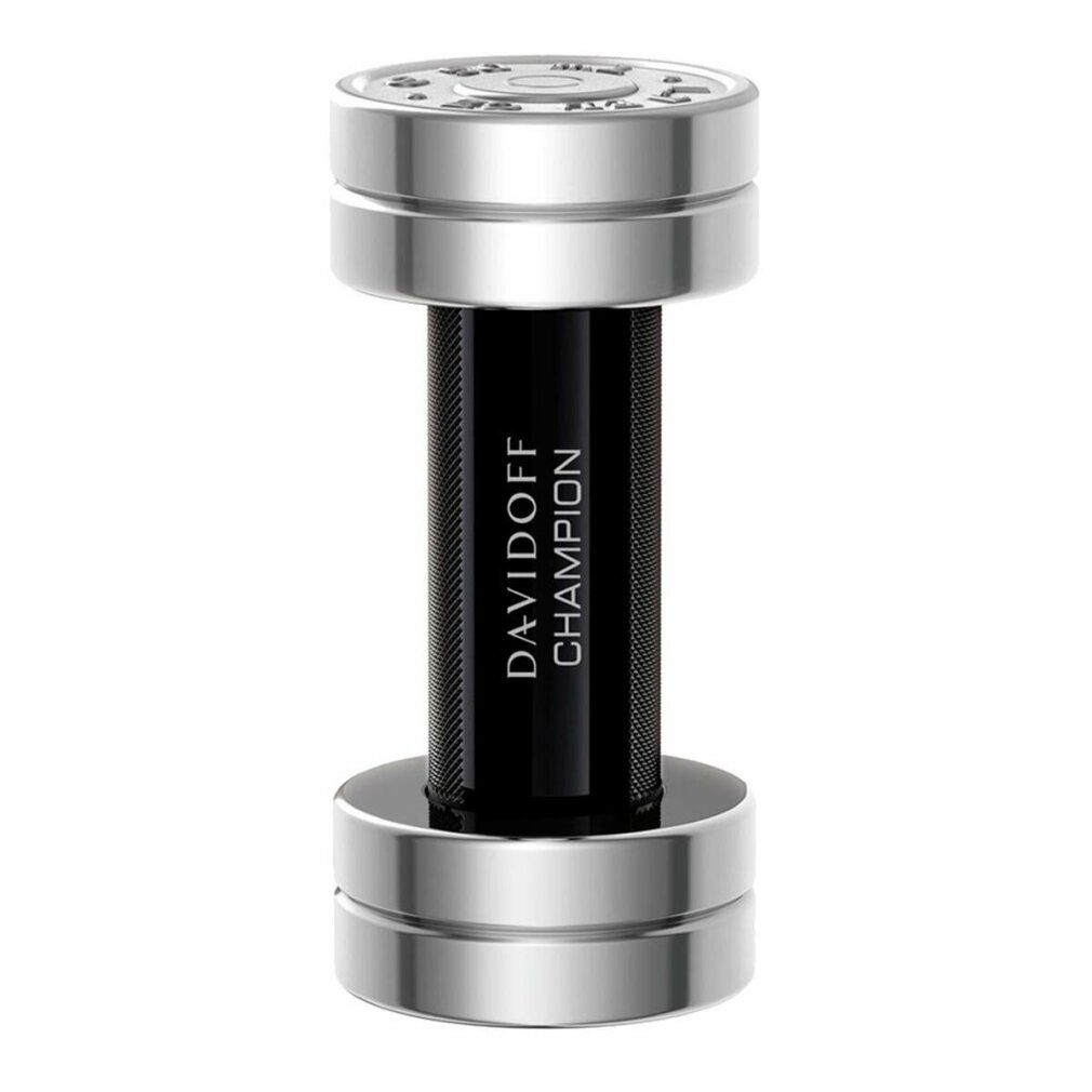 Davidoff Champion Eau de Toilette fles in haltervorm met zilveren gewichten en zwart middengedeelte.