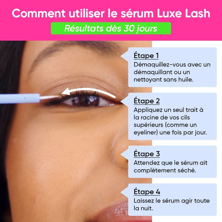 Instructions étape par étape pour l'application du sérum pour cils LUXE LASH, montrant l'application sur les cils supérieurs.