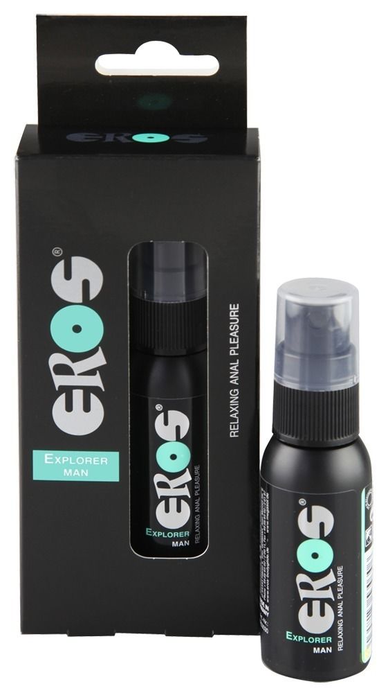 EROS Explorer Man Spray in verpakking en ernaast. Zwarte fles met verstuiver.