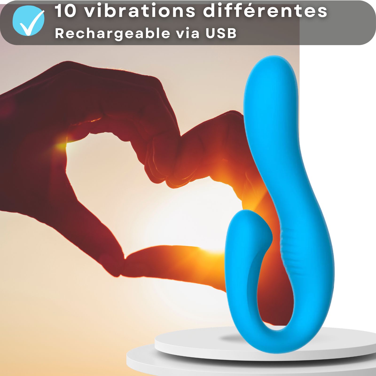 Vibrateur bleu avec texte. 10 vibrations, rechargeable USB.