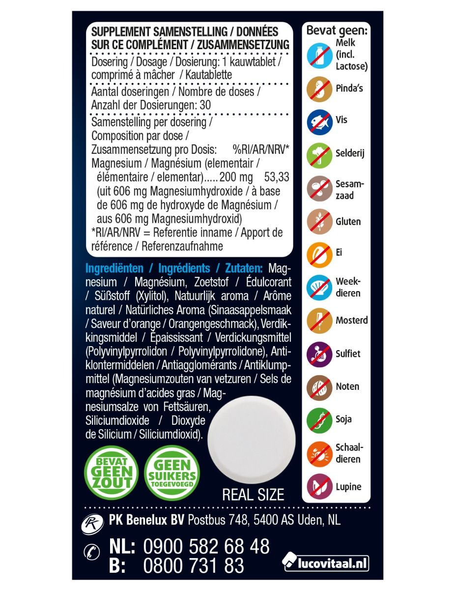Achterkant verpakking Pure Marine Magnesium Kautabletten. Bevat informatie over ingrediënten, dosering en allergenen. Vegan.