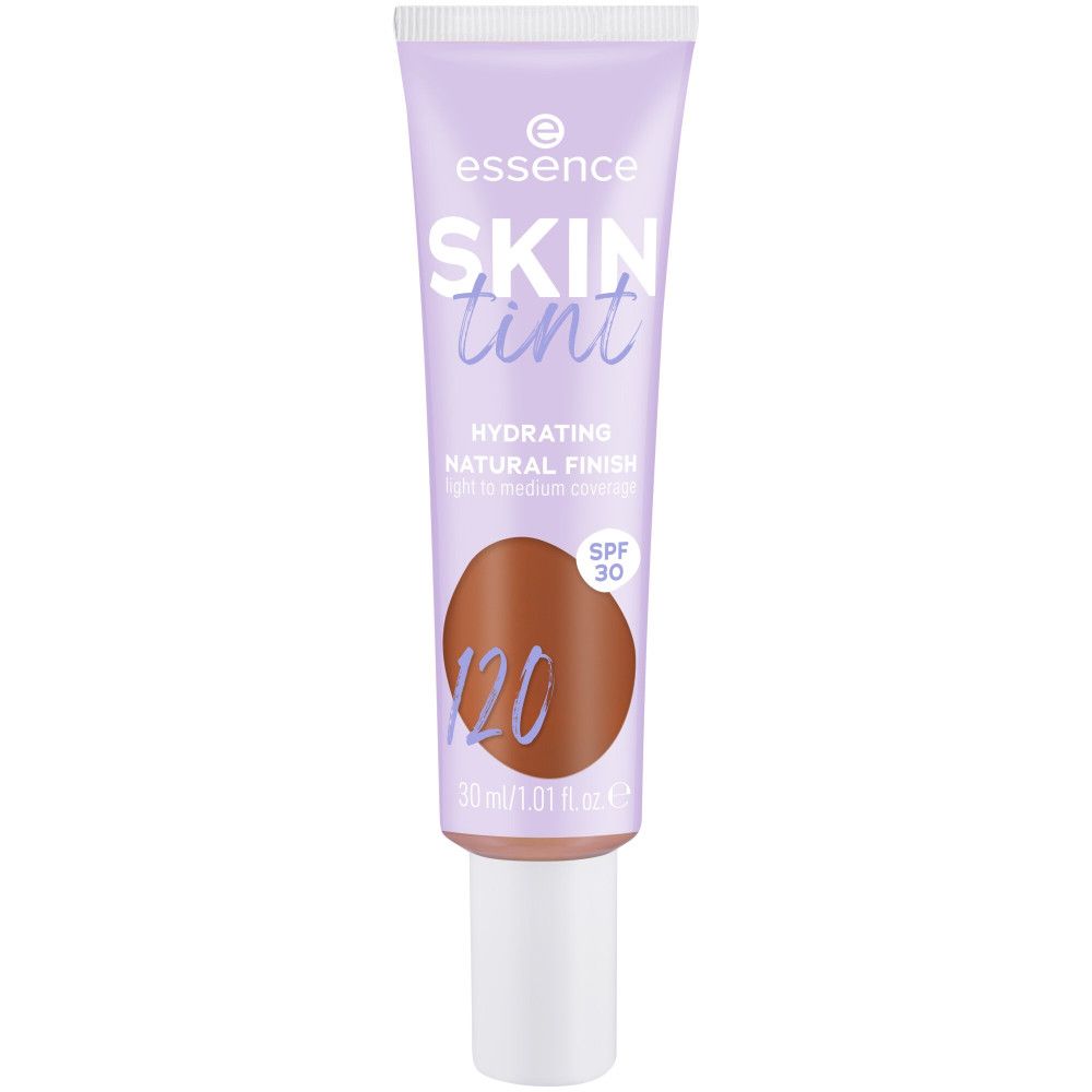 Tube lilas Essence Skin Tint, teinte 120, SPF 30. Contenance 30 ml.