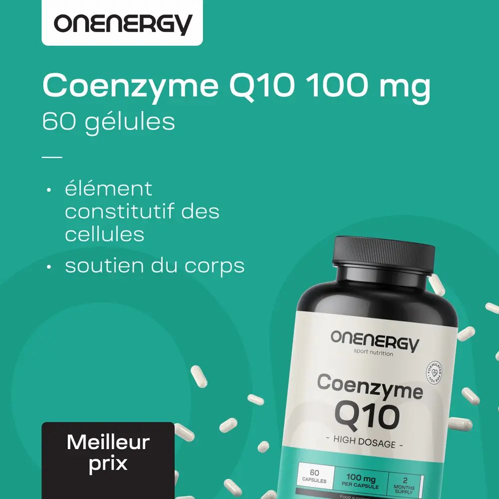 Flacon de gélules. Inscription : OnEnergy, Coenzyme Q10, 100 mg. 60 gélules. Texte : Élément des cellules.