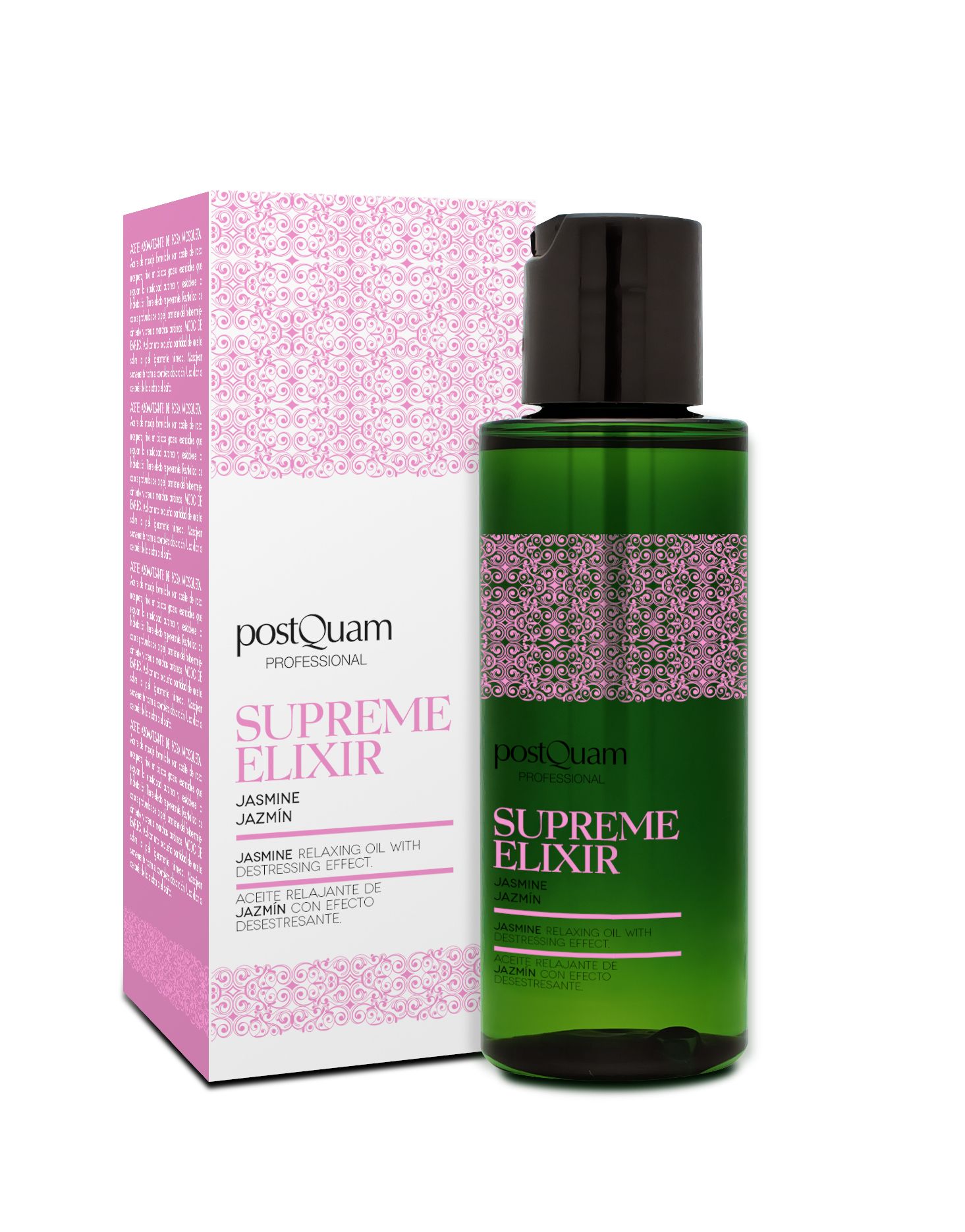 Flacon vert et emballage rose. Inscription: Supreme Elixir, Jasmin. Huile relaxante avec effet déstressant. Marque: postQuam.