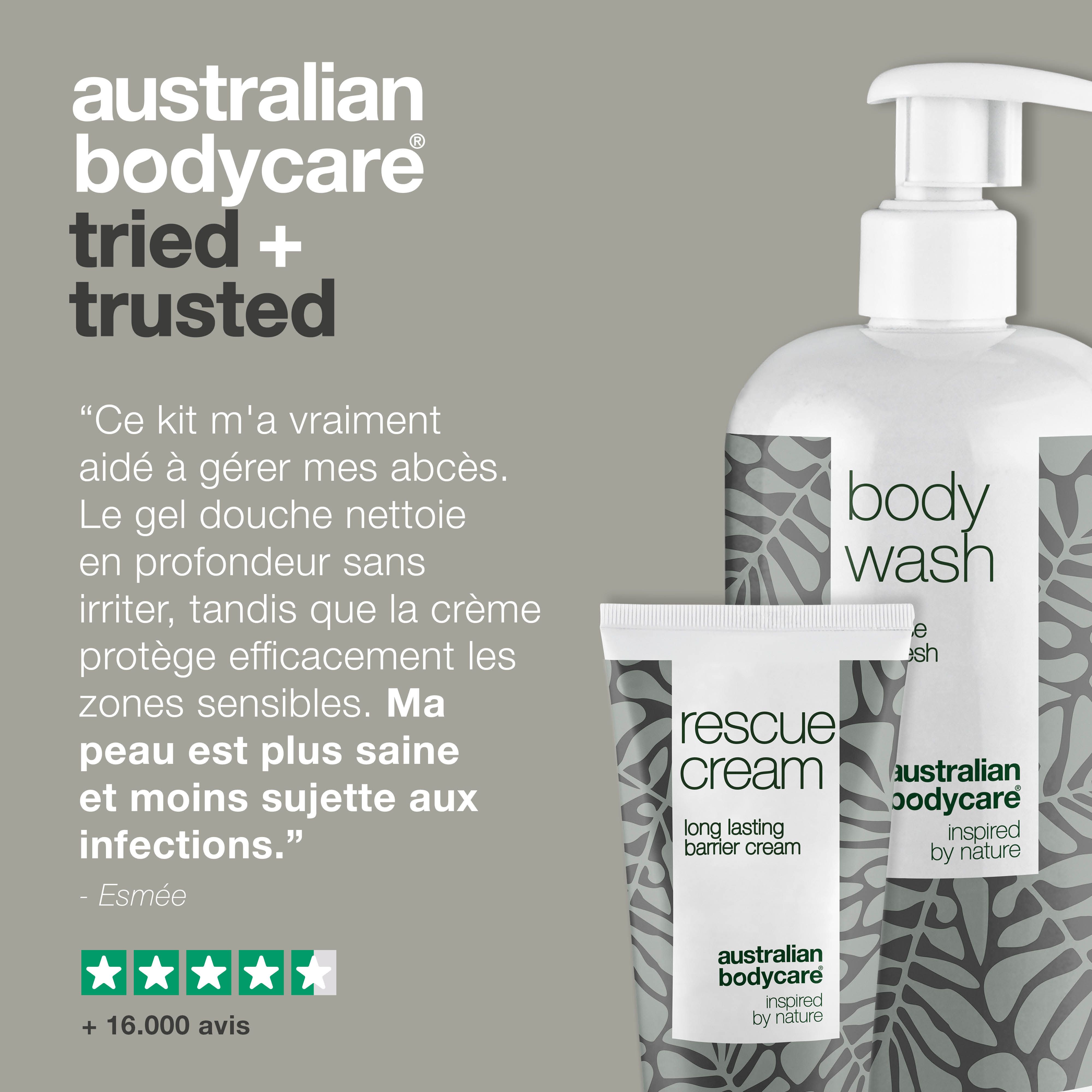 Body Wash, Rescue Cream et citation. Texte : Body Wash, Rescue Cream, Australian Bodycare.