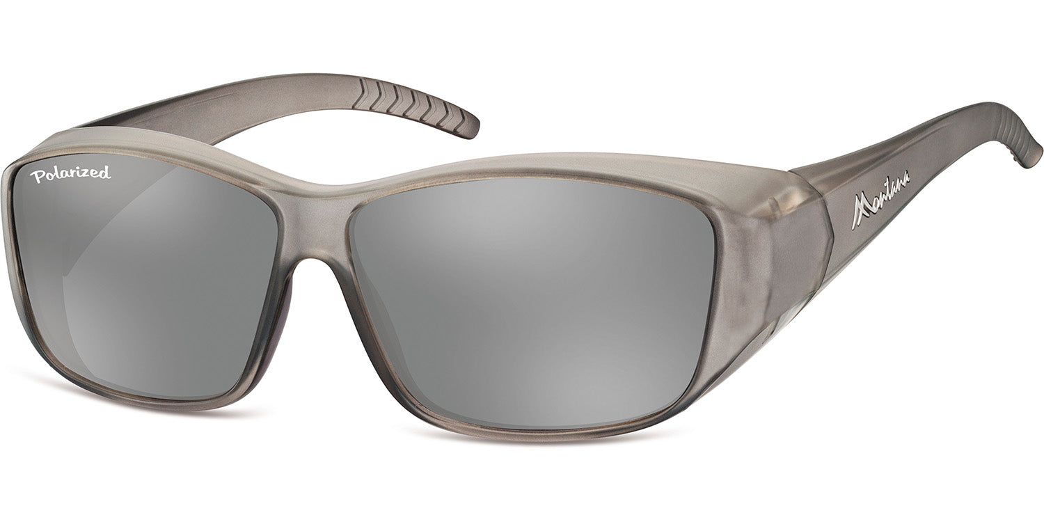 Lunettes de soleil grises. Verres polarisés. Logo Montana sur la branche. Inscription "Polarized" sur le verre.