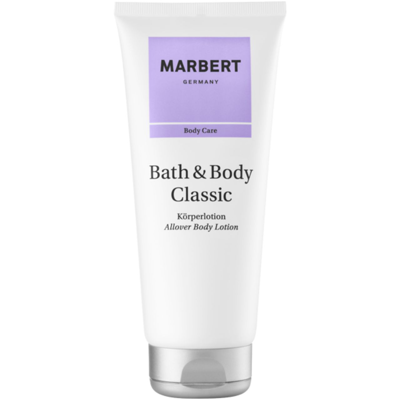 Witte tube met paarse rechthoek en tekst MARBERT. Daaronder: Bath & Body Classic Körperlotion.