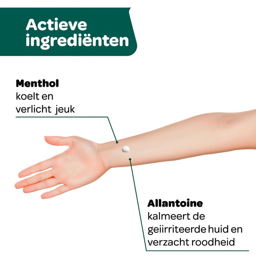 Arm met twee witte punten. Opschrift: Menthol, kühlt en verlicht jeuk. Allantoine, kalmeert de geïrriteerde huid en verzacht roodheid.