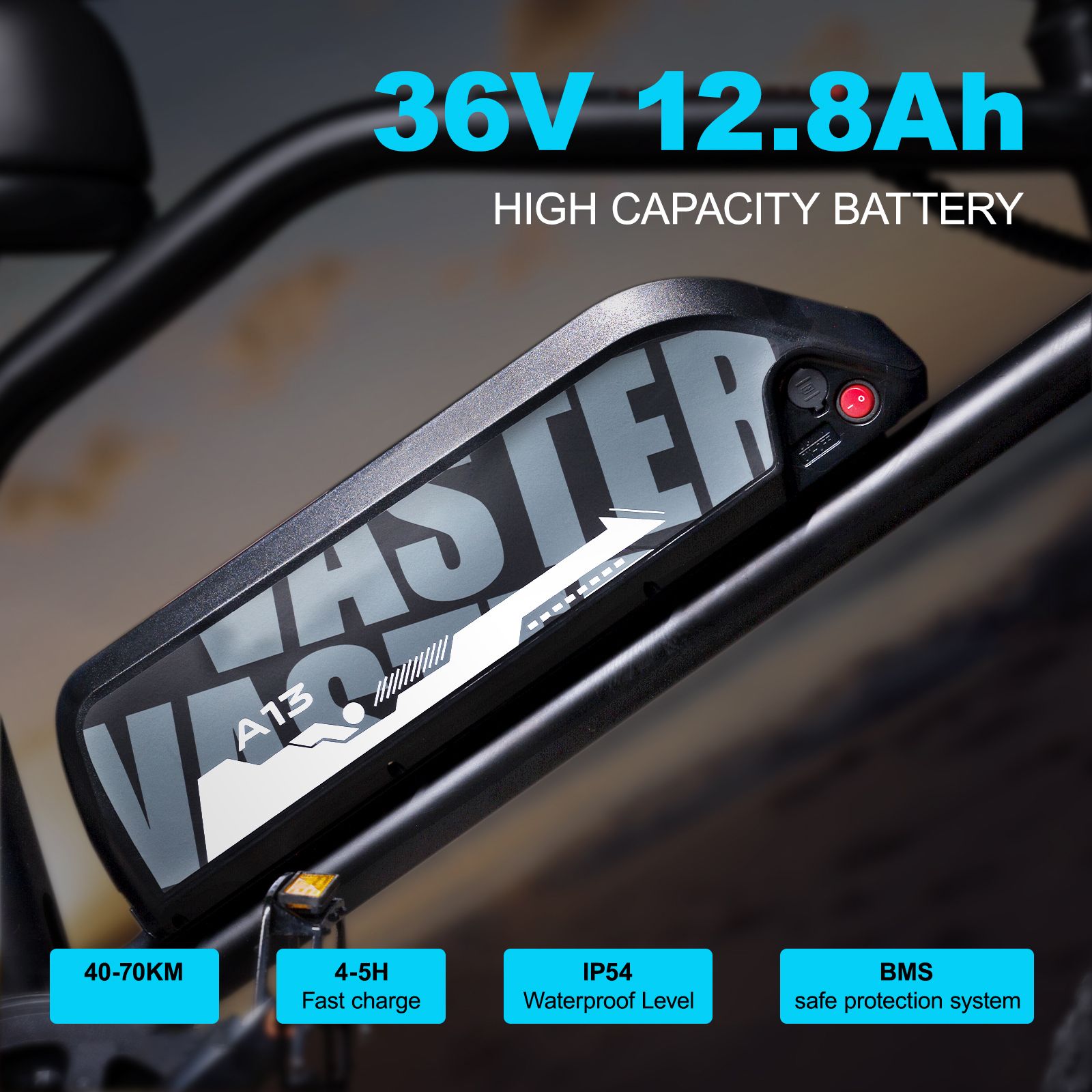 E-bike batterij met opschrift VASTER A13. 36V 12,8Ah. Kenmerken: 40-70KM, 4-5H snelladen, IP54, BMS.