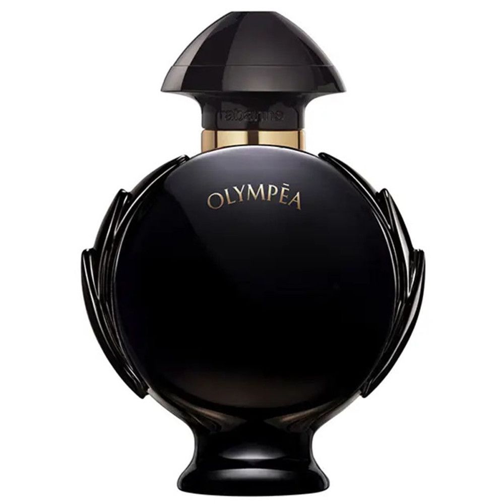 Flacon noir avec bouchon doré et inscription. Forme ronde avec éléments décoratifs.