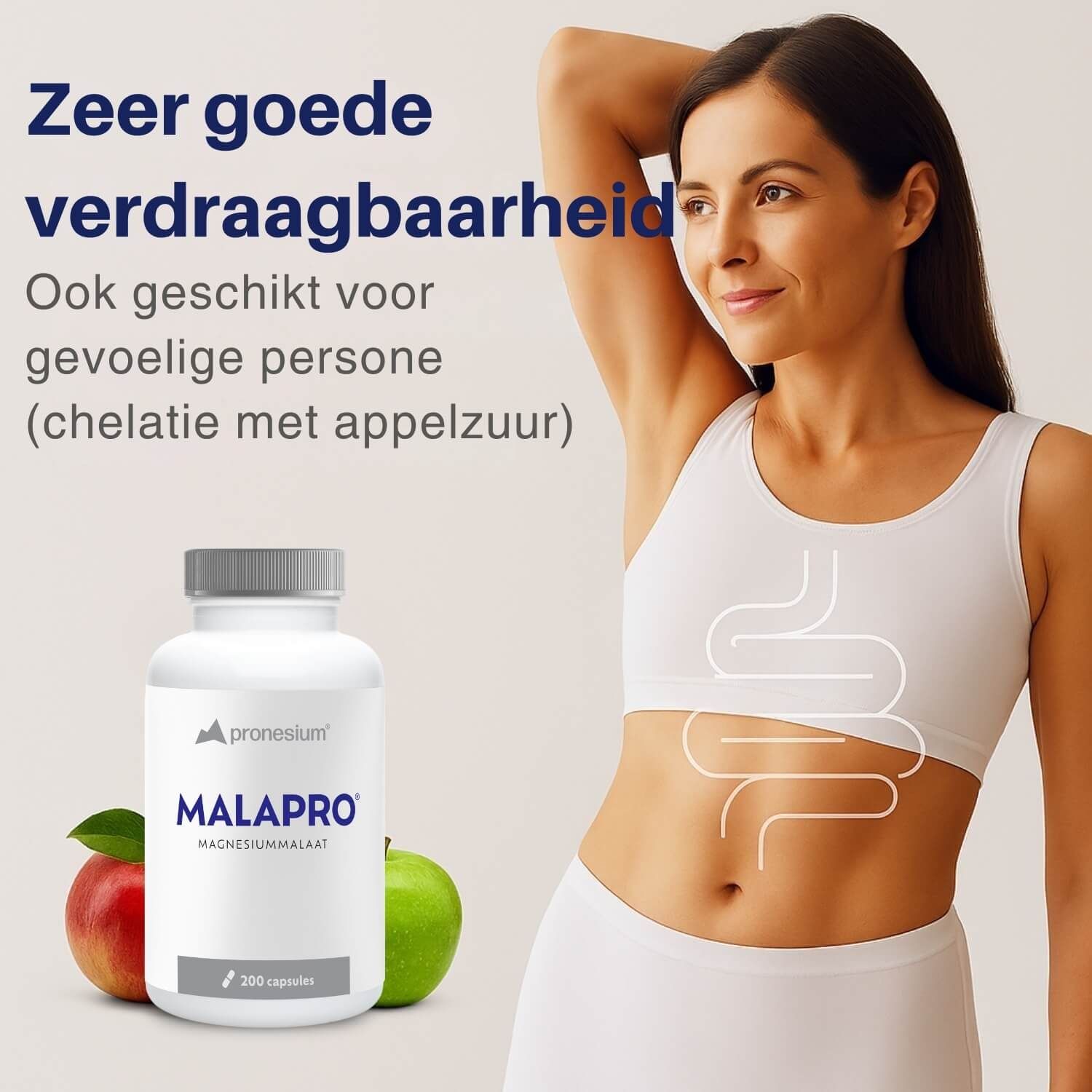Vrouw met buik. Tekst: Zeer goede verdraagbaarheid. Fles: MALAPRO, 200 capsules. Appels.