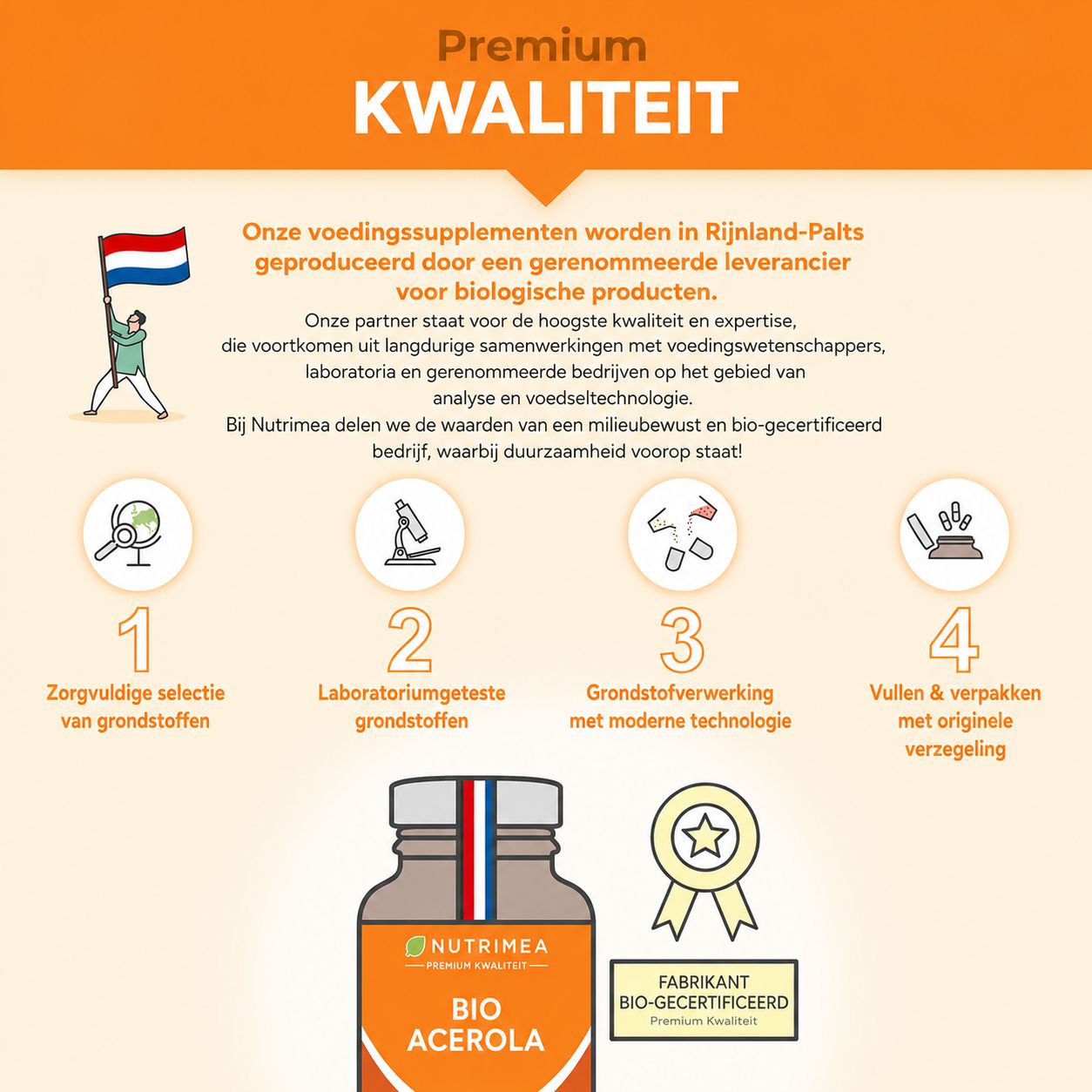 Infographic met vier stappen voor productkwaliteit: selectie, testen, verwerking, verpakking. Fles met 'Bio Acerola' en 'Nutrimea'.