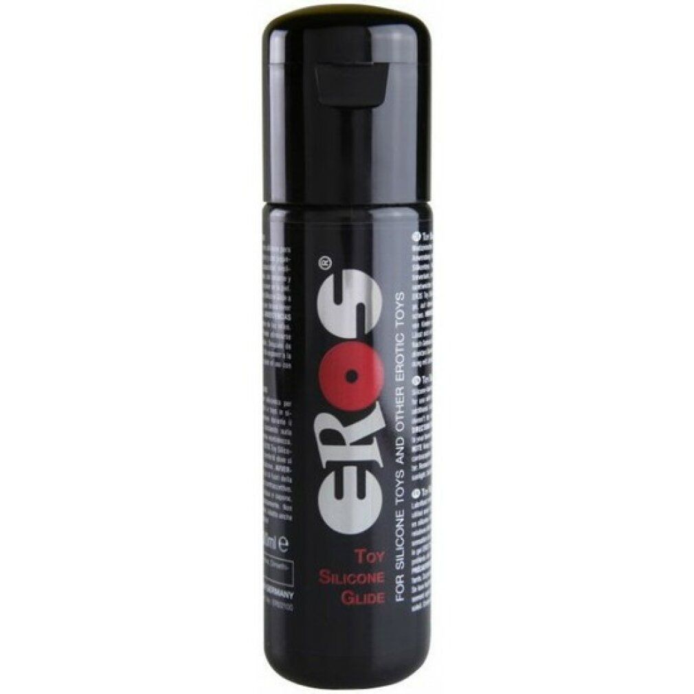 Flacon noir avec bouchon rabattable. Inscription "Eros" et "Toy Silicone Glide".