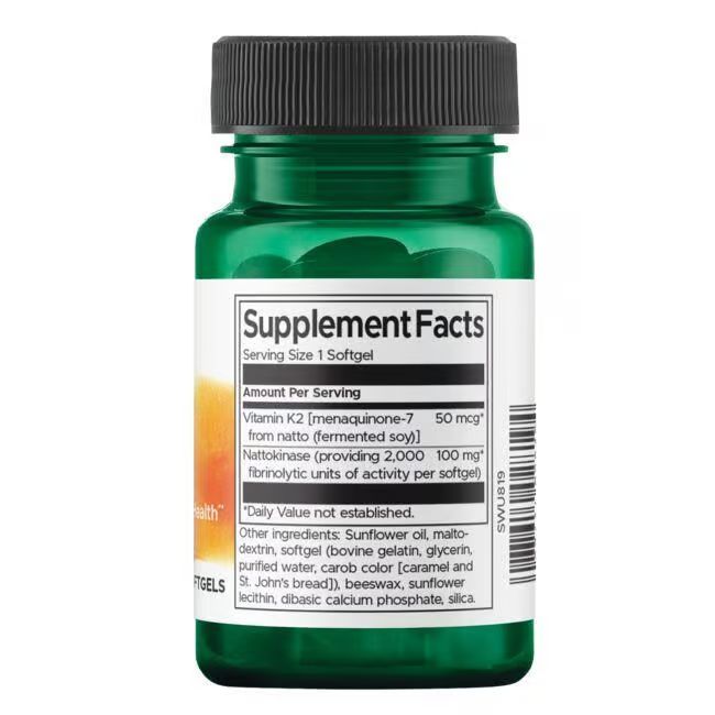 Achterkant groene fles. Label met voedingsfeiten. Bevat vitamine K2 en Nattokinase.