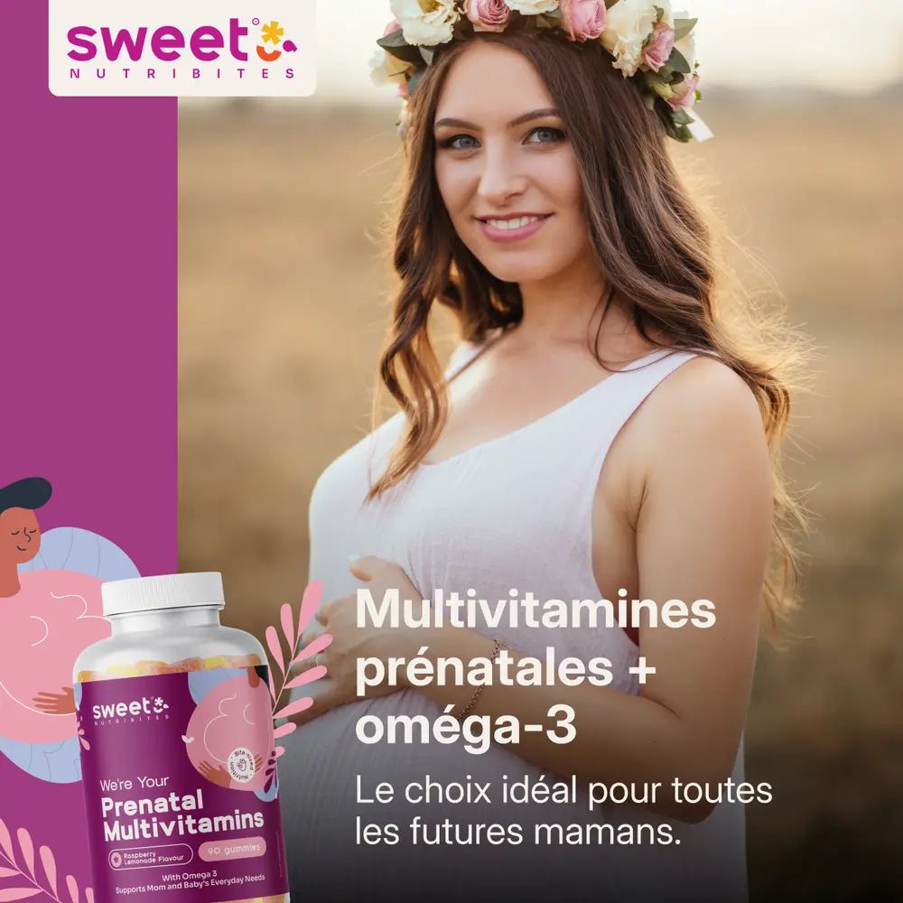 Femme enceinte avec couronne de fleurs. Flacon de multivitamines. Texte: Multivitamines prénatales + oméga-3.