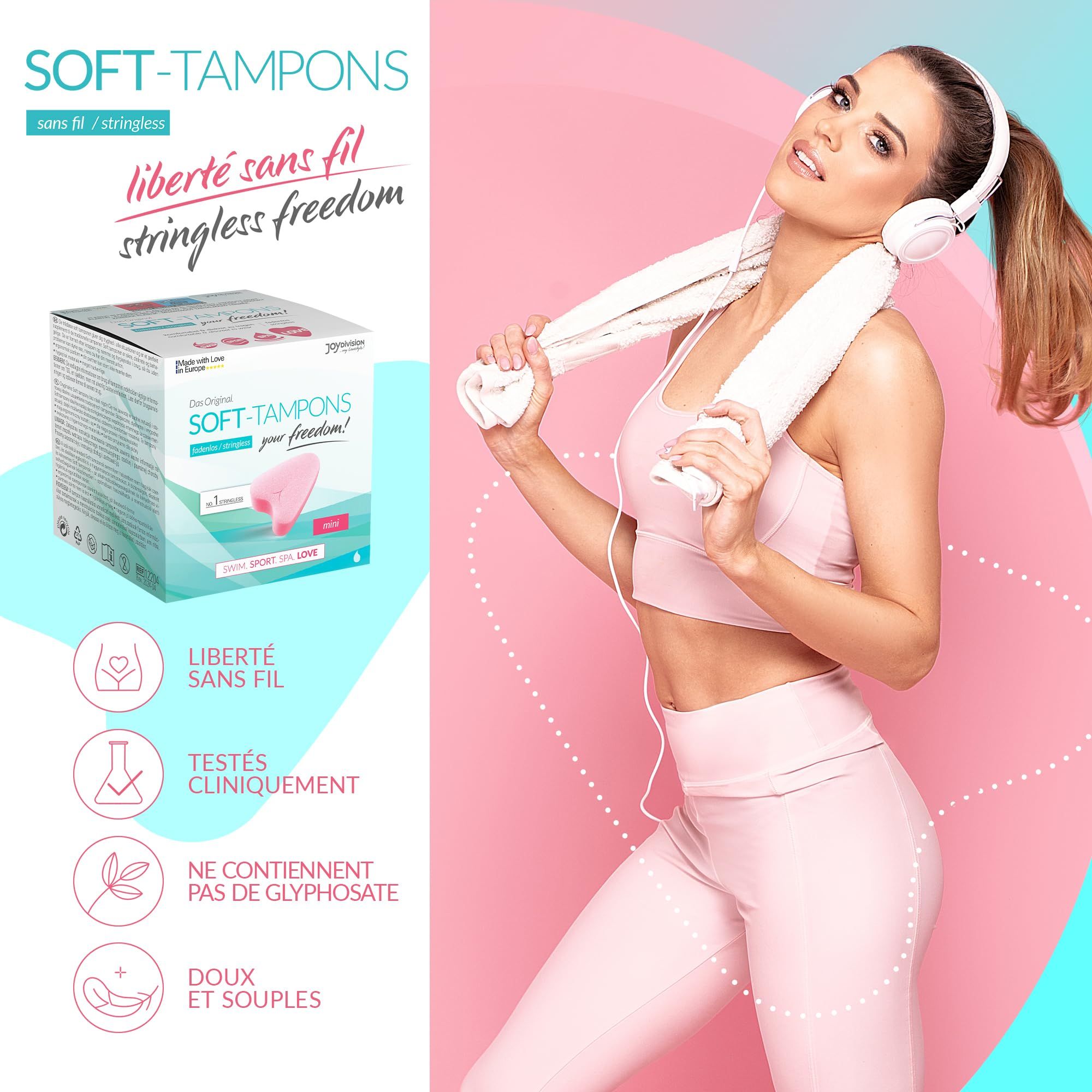 Emballage Soft-Tampons mini avec illustration du produit et texte.
