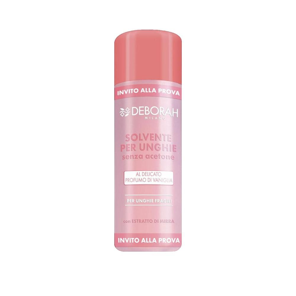 Flacon rose avec bouchon rose. Inscription: Deborah, Solvente per unghie senza acetone. Parfum vanille. Pour ongles fragiles.