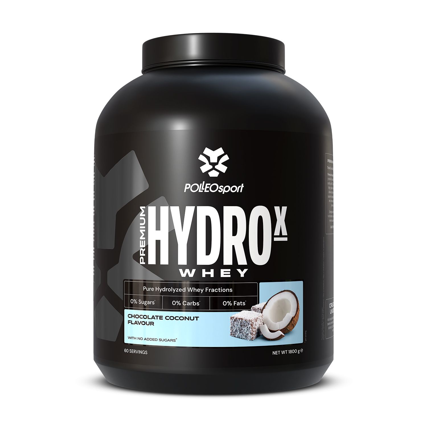 Zwarte pot "HYDROx Whey". Kokosnoot en chocolade illustratie. "0% suikers, koolhydraten, vetten" en "1800 g" zichtbaar.