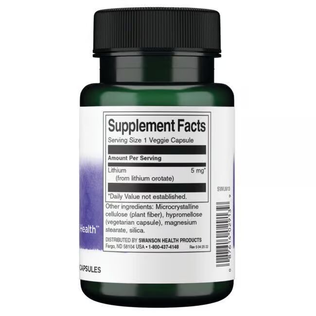 Dos d'une bouteille verte. Étiquette blanche avec informations nutritionnelles. Contient du lithium 5 mg par capsule.
