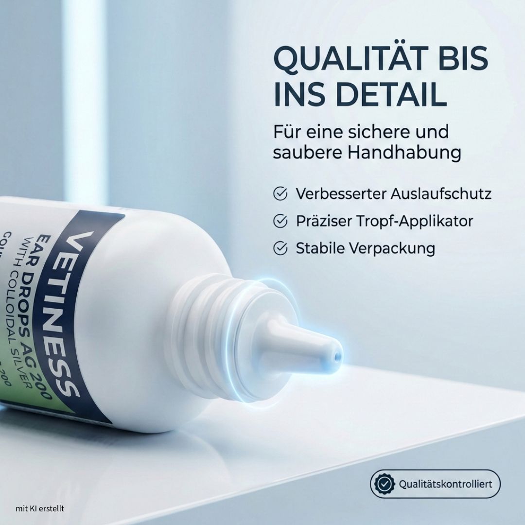 Gros plan sur l'embout du flacon. Texte: Vetiness Ear Drops AG 200 with colloidal silver. Qualité jusque dans les détails. Protection anti-fuite améliorée.