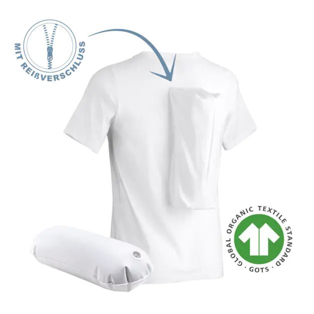T-shirt blanc avec poche zippée et coussin d'air. Certification GOTS.