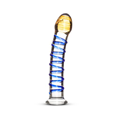 Glazen dildo met blauwe spiraal. Geelbruine kop, ronde basis. Op witte achtergrond.