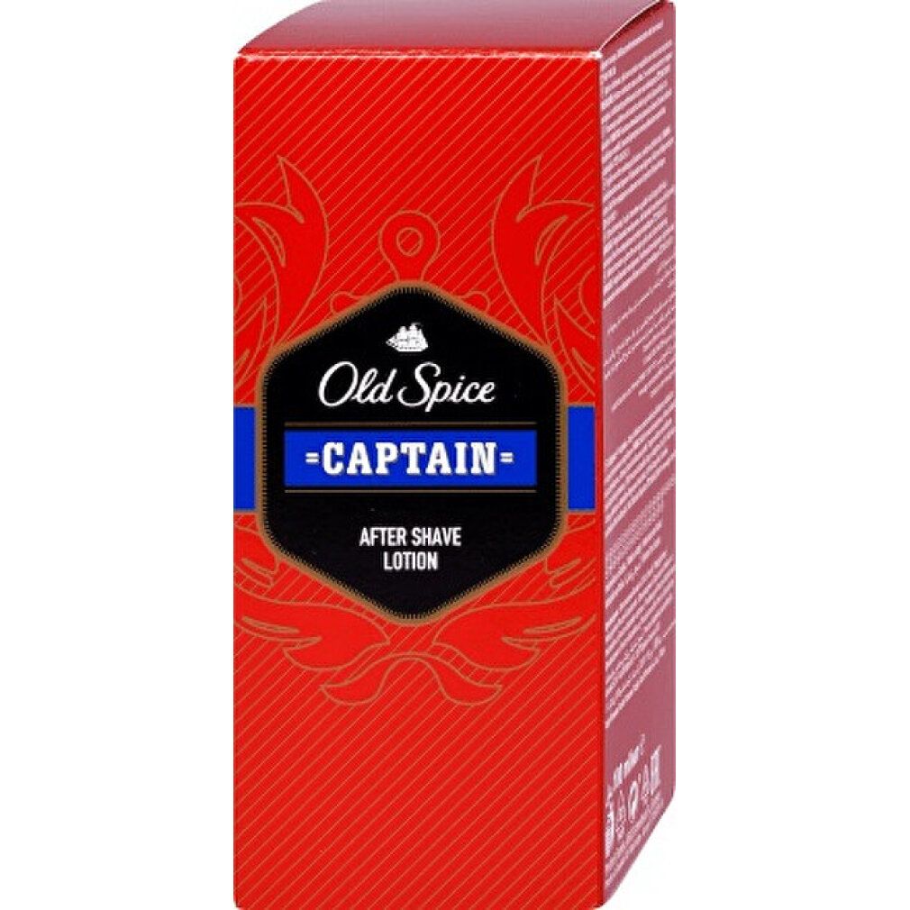 Rode doos. Opschrift: Old Spice Captain After Shave Lotion.