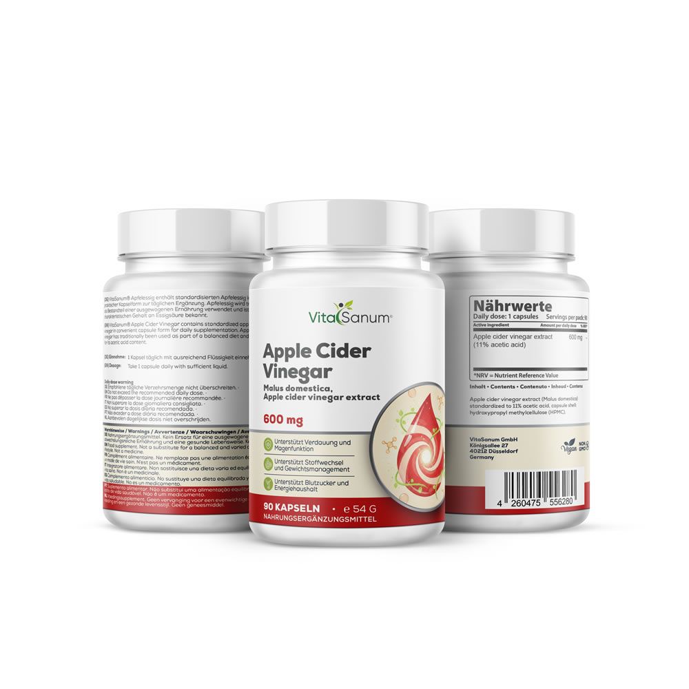 Drie VitaSanum® flessen met appelcider azijn capsules. Witte potten met witte deksels. Opschrift: Apple Cider Vinegar, 600 mg, 90 capsules.