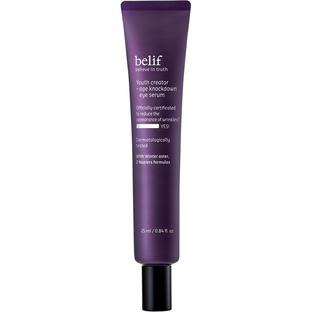 Tube de crème pour les yeux Belif, violet, bouchon noir. Contient de l'hyaluronate et de l'adénosine.