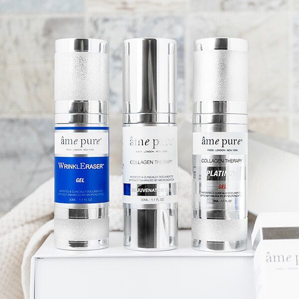 Trois flacons âme pure : gel WrinkleEraser, rajeunisseur Collagen Therapy et gel platine Collagen Therapy.