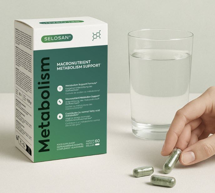 Boîte de gélules Selosan à côté d'un verre d'eau et d'une main avec des gélules. Inscription : "Metabolism", "Macronutrient Metabolism Support". Contient 60 gélules.