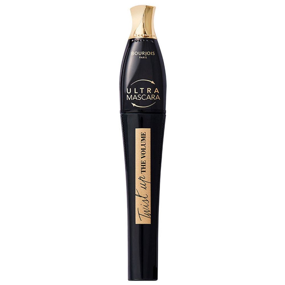 Tube de mascara noir avec capuchon doré. Inscriptions: Bourjois, Ultra Mascara, Twist Up the Volume.