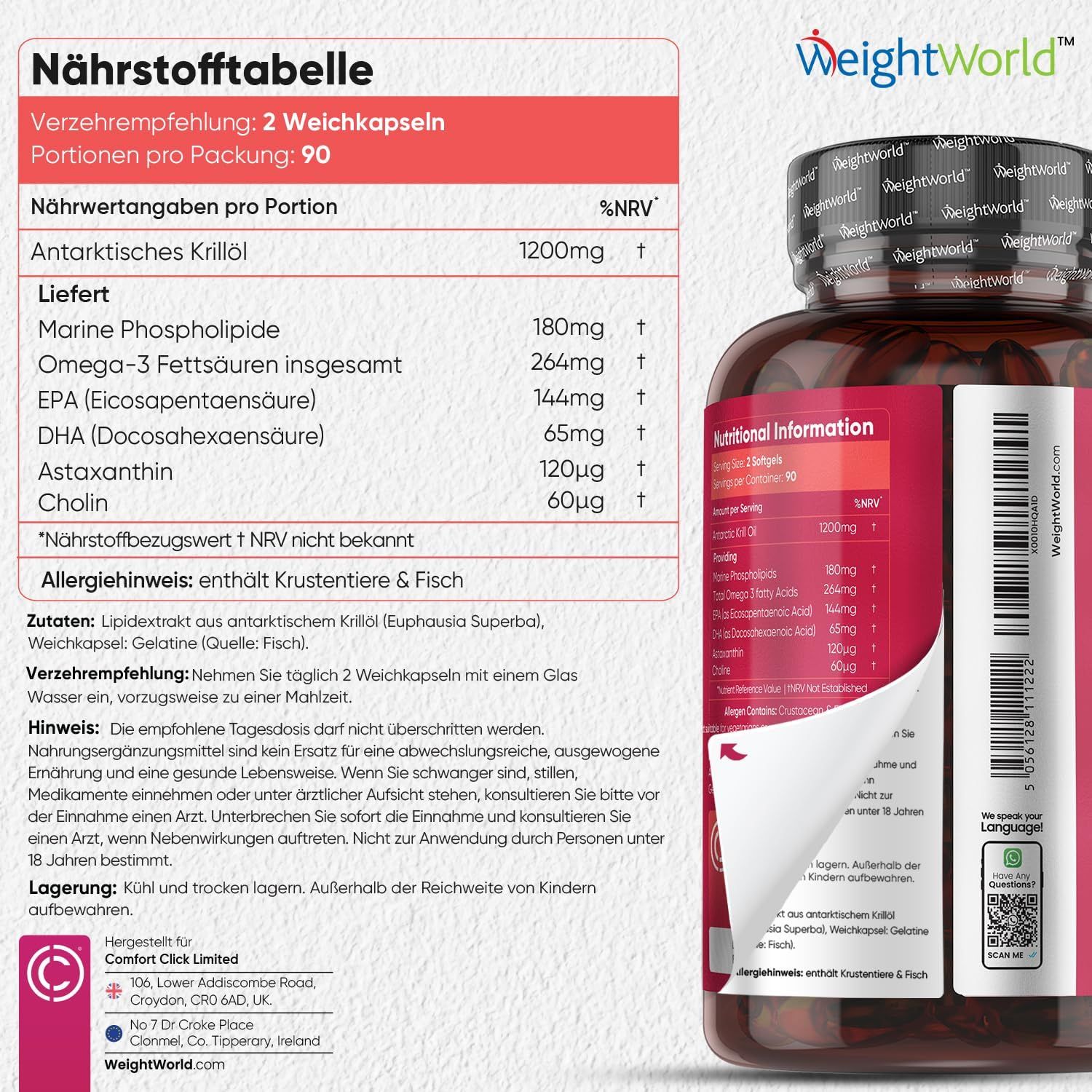 Voedingstabel met informatie over Antarctische Krillolie. 1200mg krillolie per portie. 180mg Marine fosfolipiden, etc. Fles ernaast.