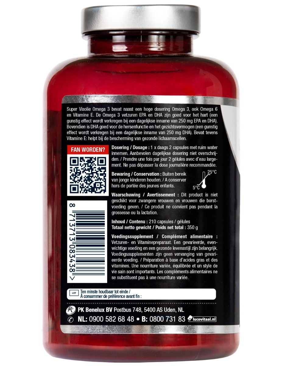 Achterkant van de fles. Bevat informatie over dosering, waarschuwingen en contactgegevens.