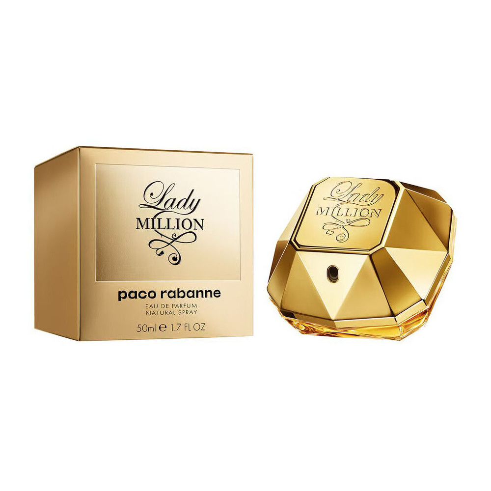 Flacon et boîte dorés. Inscription "Lady Million" et "paco rabanne". 50ml.