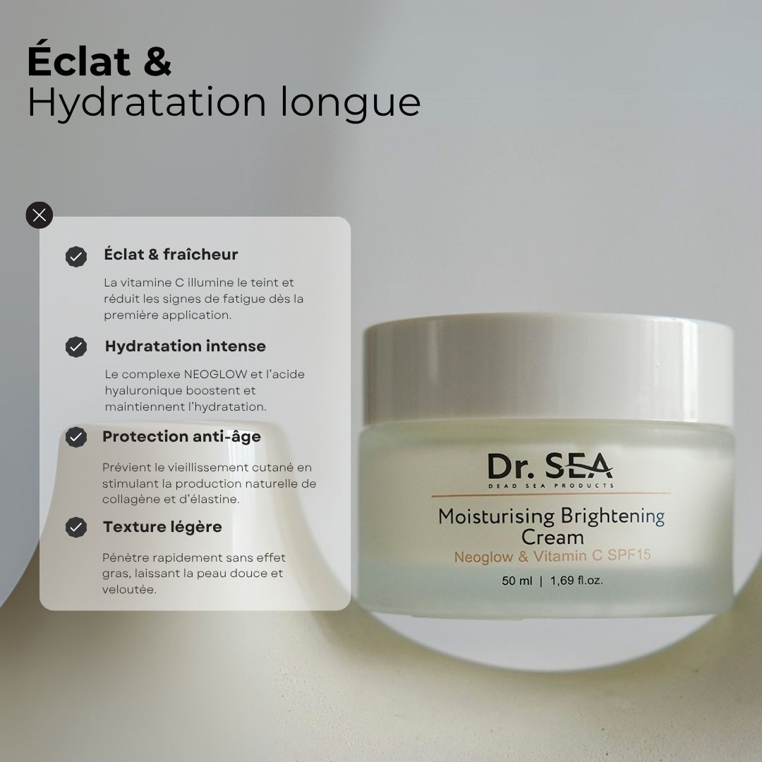Pot de crème avec texte. Texte : Dr. SEA, Moisturising Brightening Cream, SPF15. 50 ml. Texte sur les avantages.