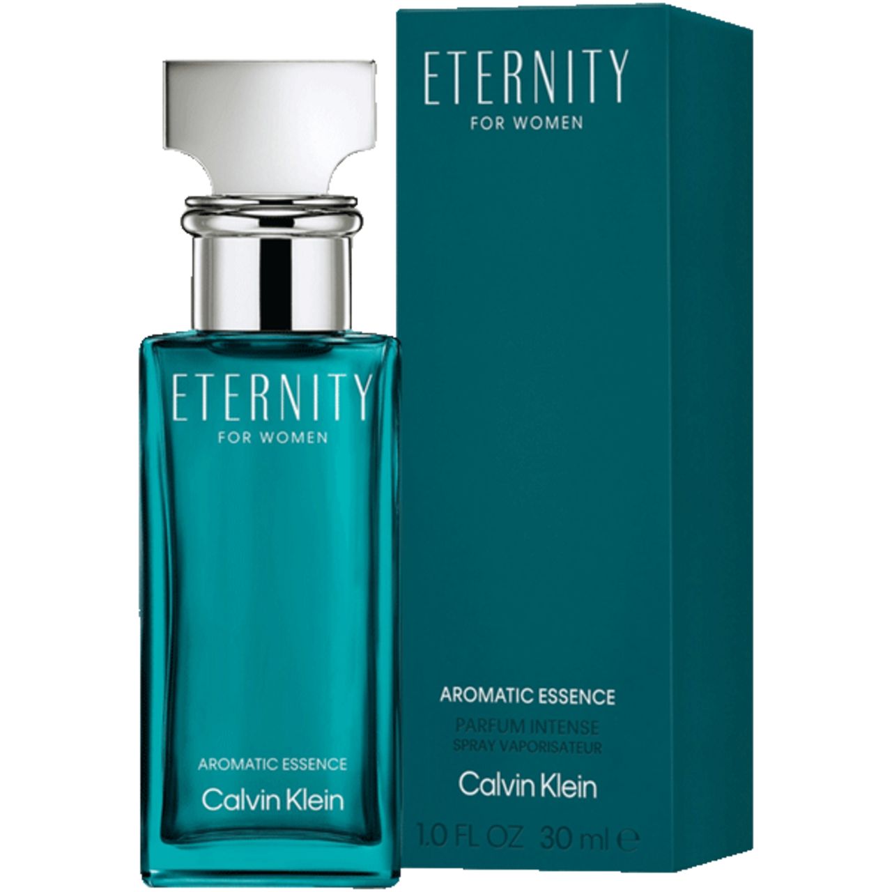 Turquoise fles en doos. Opschrift: Eternity for Women, Aromatic Essence, Calvin Klein. Op de doos: Spray Vaporisateur.